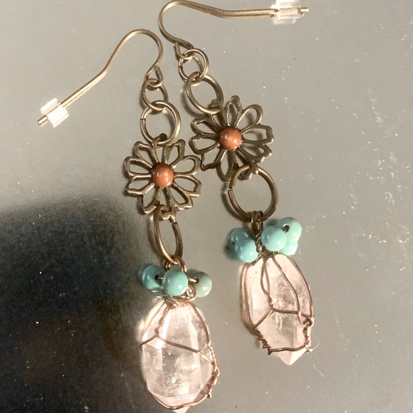 Quartz & Turquoise Brass Flower Earrings - Picture 10 of 13